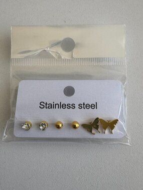 Gold Stainless Steel Butterfly Stud Earrings Set Rhinestone Ball Multi Pack